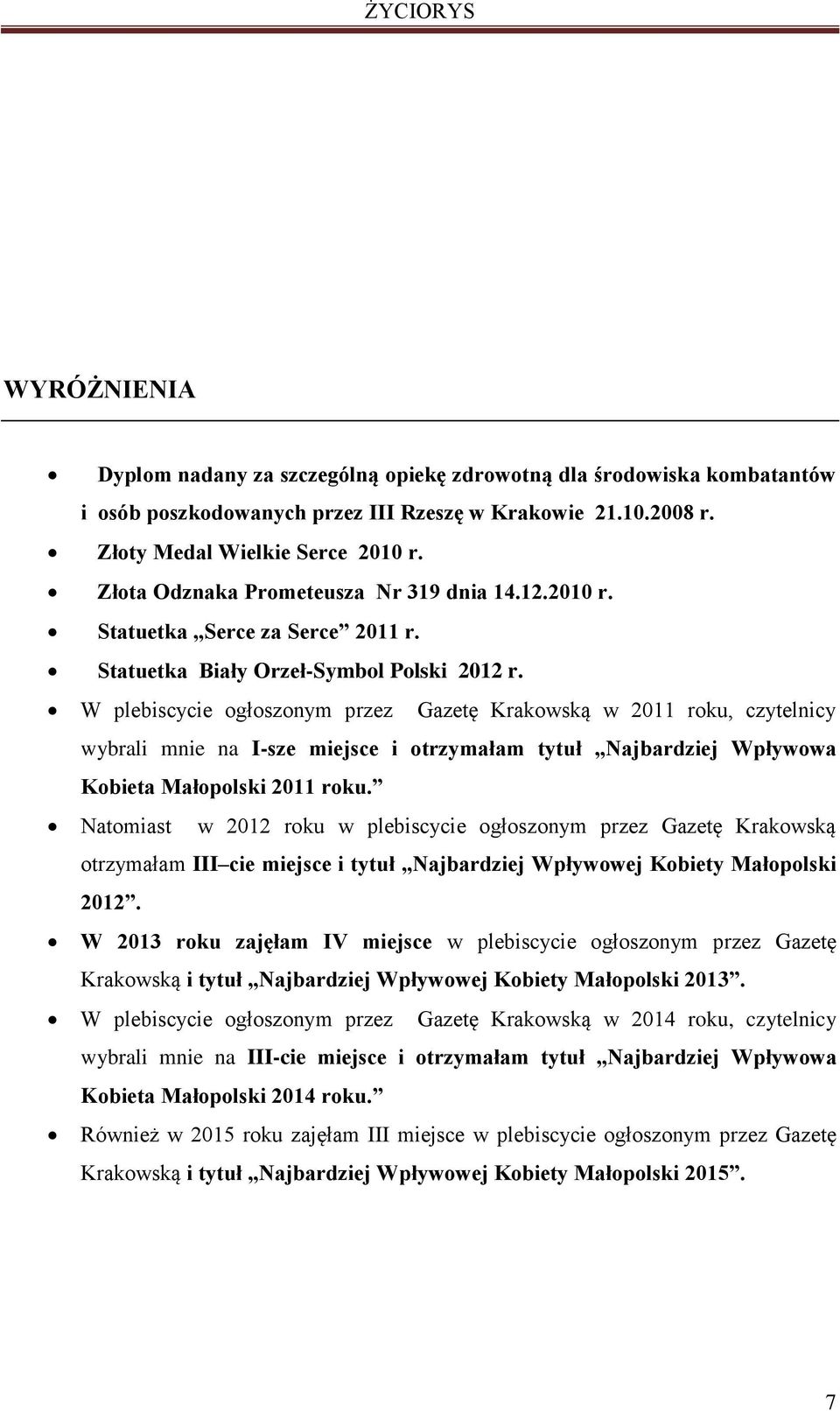 W plebiscycie ogłoszonym przez Gazetę Krakowską w 2011 roku, czytelnicy wybrali mnie na I-sze miejsce i otrzymałam tytuł Najbardziej Wpływowa Kobieta Małopolski 2011 roku.