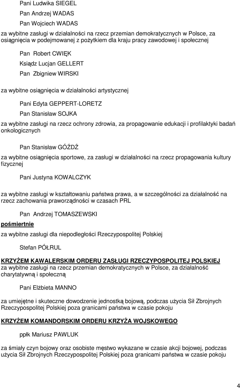 na rzecz ochrony zdrowia, za propagowanie edukacji i profilaktyki badań onkologicznych Pan Stanisław GÓŹDŹ za wybitne osiągnięcia sportowe, za zasługi w działalności na rzecz propagowania kultury