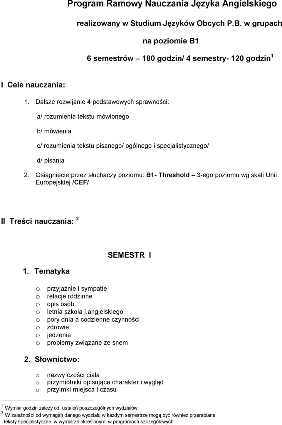 Osiągnięcie przez słuchaczy poziomu: B1- Threshold 3-ego poziomu wg skali Unii Europejskiej /CEF/ II Treści nauczania: 2 SEMESTR I o przyjaźnie i sympatie o relacje rodzinne o opis osób o letnia