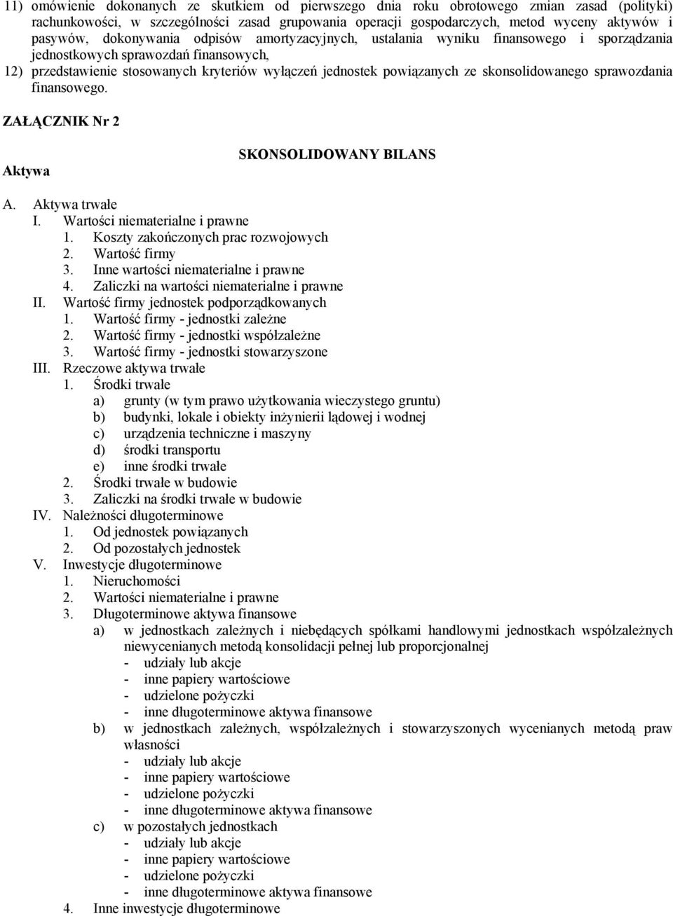 skonsolidowanego sprawozdania finansowego. ZAŁĄCZNIK Nr 2 Aktywa SKONSOLIDOWANY BILANS A. Aktywa trwałe I. Wartości niematerialne i prawne 1. Koszty zakończonych prac rozwojowych 2. Wartość firmy 3.