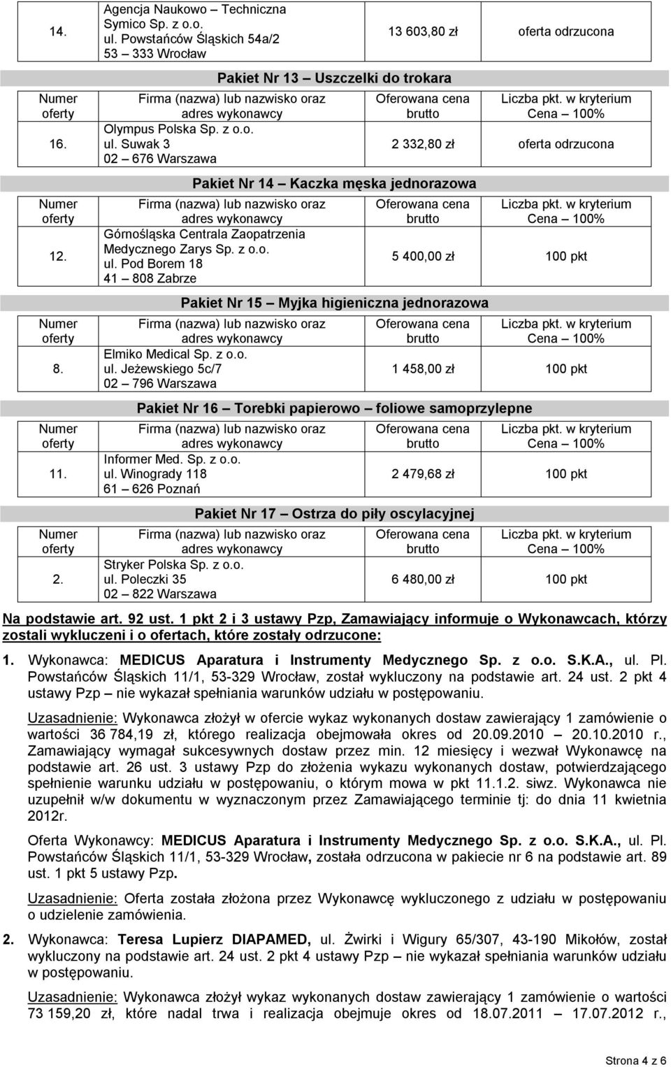 Suwak 3 02 676 Warszawa Pakiet Nr 13 Uszczelki do trokara 13 603,80 zł oferta odrzucona Pakiet Nr 14 Kaczka męska jednorazowa Górnośląska Centrala Zaopatrzenia Medycznego Zarys Sp. z o.o. ul.