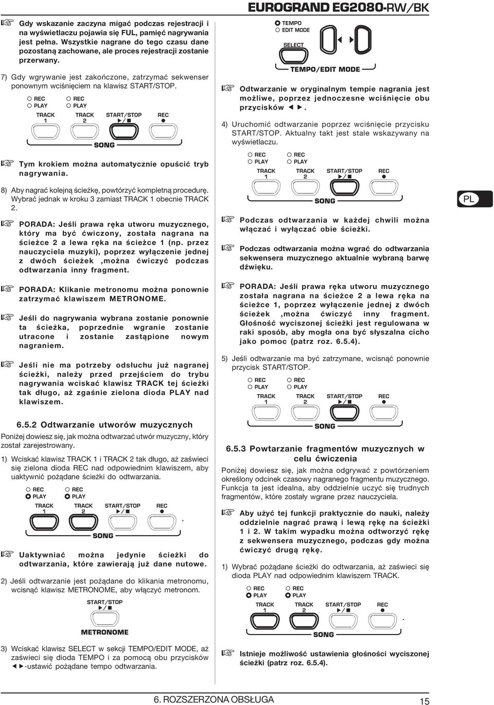 EUROGRAND EG2080-RW/BK Odtwarzanie w oryginalnym tempie nagrania jest możliwe, poprzez jednoczesne wciśnięcie obu przycisków. 4) Uruchomić odtwarzanie poprzez wciśnięcie przycisku START/STOP.