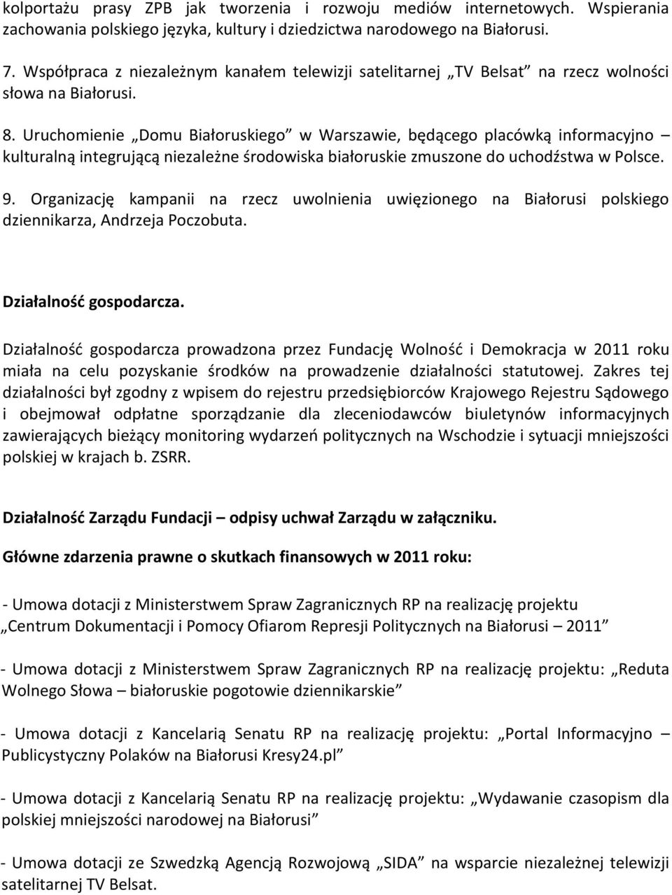 Uruchomienie Domu Białoruskiego w Warszawie, będącego placówką informacyjno kulturalną integrującą niezależne środowiska białoruskie zmuszone do uchodźstwa w Polsce. 9.