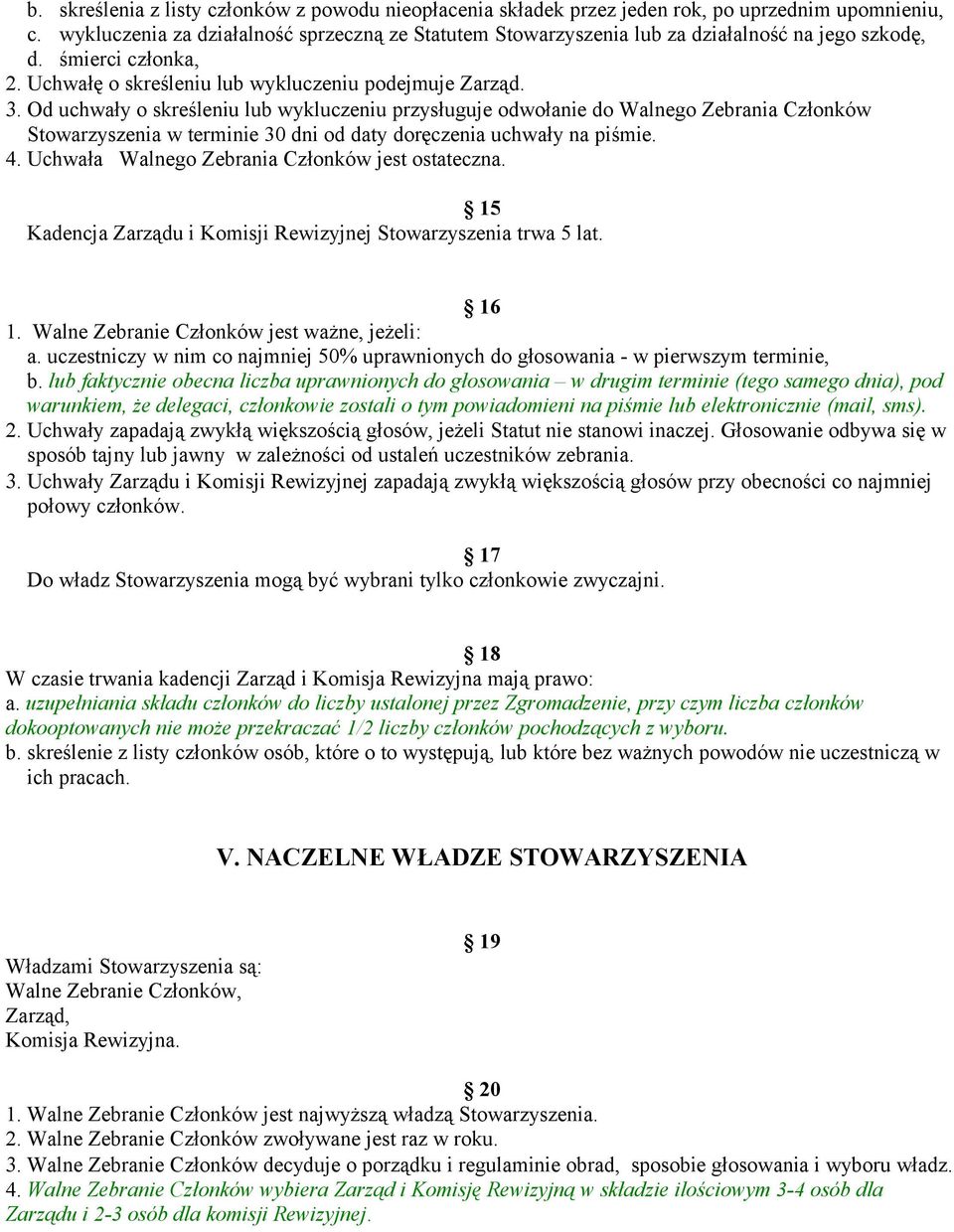 Od uchwały o skreśleniu lub wykluczeniu przysługuje odwołanie do Walnego Zebrania Członków Stowarzyszenia w terminie 30 dni od daty doręczenia uchwały na piśmie. 4.