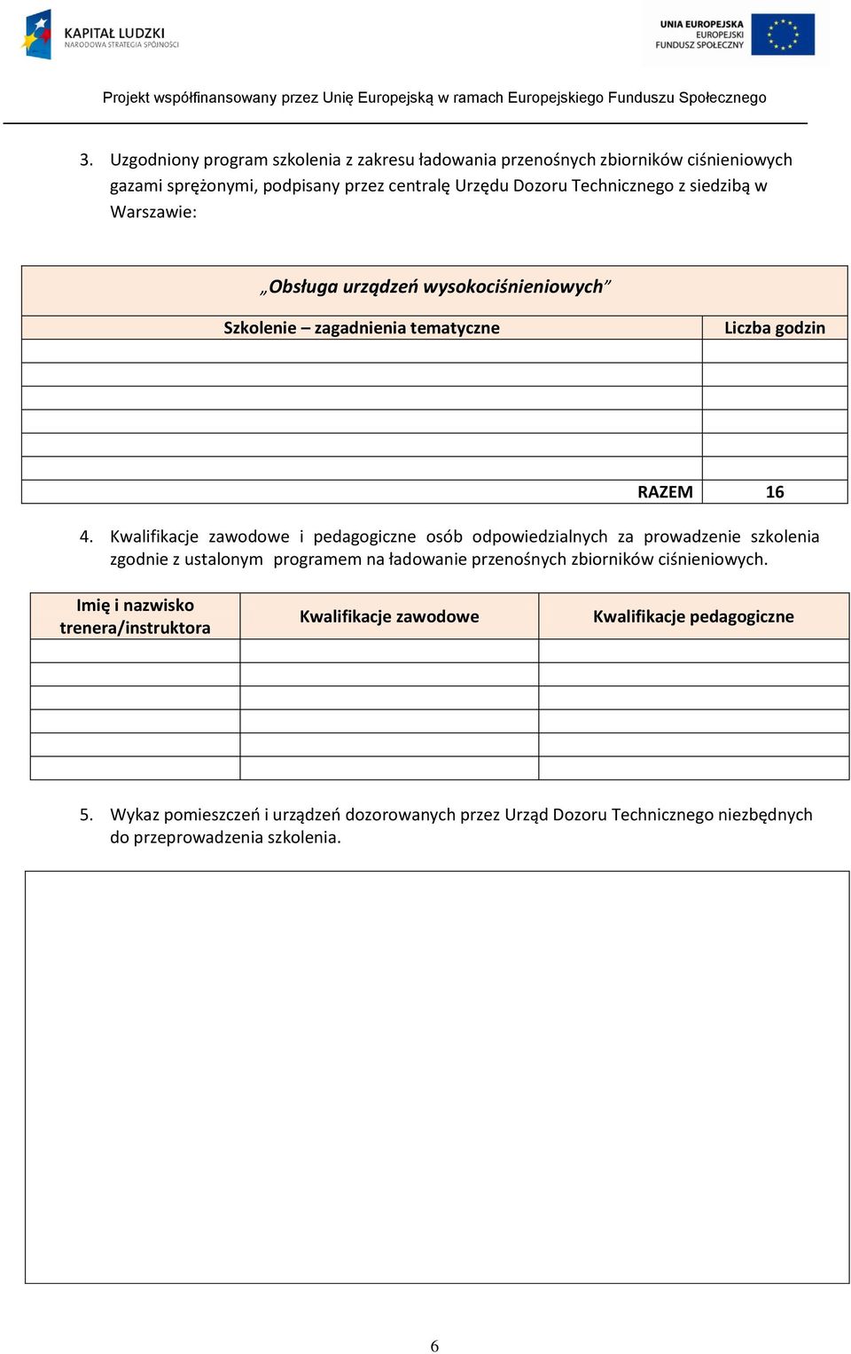 Kwalifikacje zawodowe i pedagogiczne osób odpowiedzialnych za prowadzenie szkolenia zgodnie z ustalonym programem na ładowanie przenośnych zbiorników