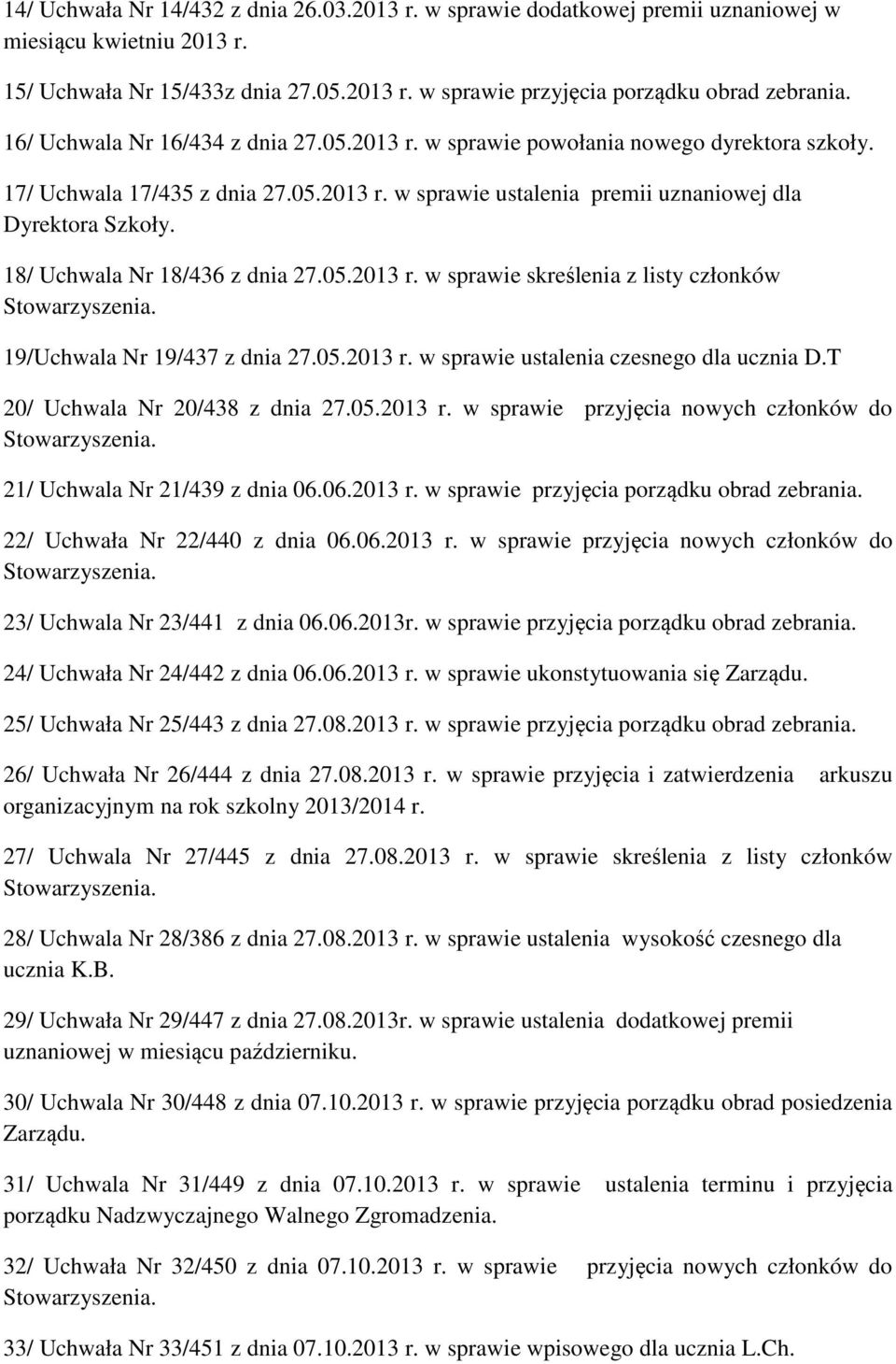 18/ Uchwala Nr 18/436 z dnia 27.05.2013 r. w sprawie skreślenia z listy członków 19/Uchwala Nr 19/437 z dnia 27.05.2013 r. w sprawie ustalenia czesnego dla ucznia D.T 20/ Uchwala Nr 20/438 z dnia 27.