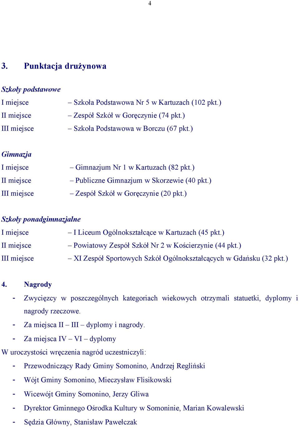 ) Szkoły ponadgimnazjalne I miejsce I Liceum Ogólnokształcące w Kartuzach (45 pkt.) II miejsce Powiatowy Zespół Szkół Nr 2 w Kościerzynie (44 pkt.