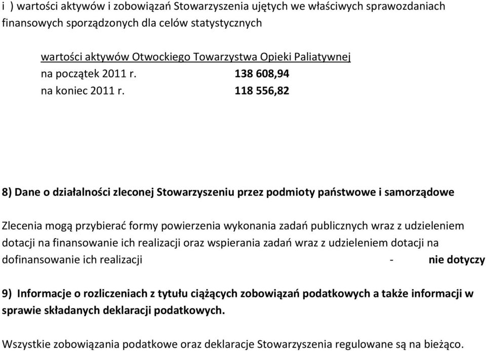 118 556,82 8) Dane o działalności zleconej Stowarzyszeniu przez podmioty państwowe i samorządowe Zlecenia mogą przybierać formy powierzenia wykonania zadań publicznych wraz z udzieleniem dotacji na