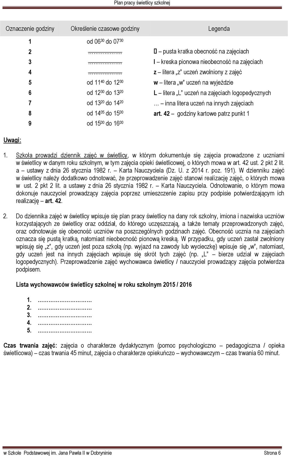 zwolniony z zajęć w litera w uczeń na wyjeździe L litera L uczeń na zajęciach logopedycznych inna litera uczeń na innych zajęciach art. 42 godziny kartowe patrz punkt 1 Uwagi: 1.