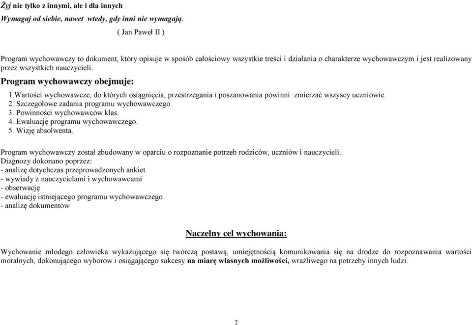 Program wychowawczy obejmuje: 1.Wartości wychowawcze, do których osiągnięcia, przestrzegania i poszanowania powinni zmierzać wszyscy uczniowie. 2. Szczegółowe zadania programu wychowawczego. 3.