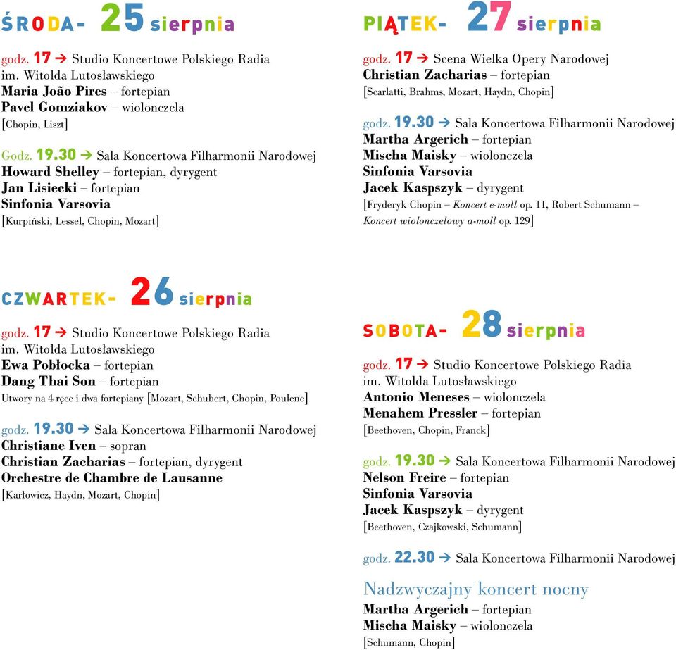 17 > Scena Wielka Opery Narodowej Christian Zacharias fortepian [Scarlatti, Brahms, Mozart, Haydn, Chopin] Martha Argerich fortepian Mischa Maisky wiolonczela Sinfonia Varsovia Jacek Kaspszyk