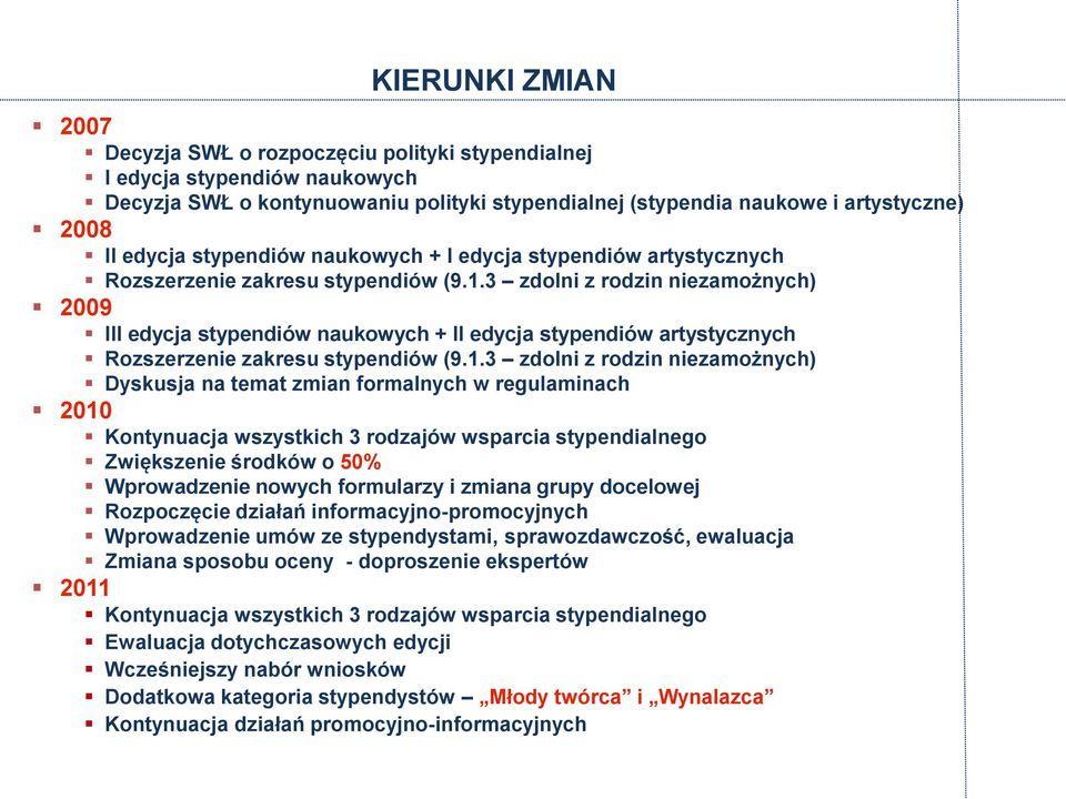 3 zdolni z rodzin niezamożnych) 2009 III edycja stypendiów naukowych + II edycja stypendiów artystycznych Rozszerzenie zakresu stypendiów (9.1.