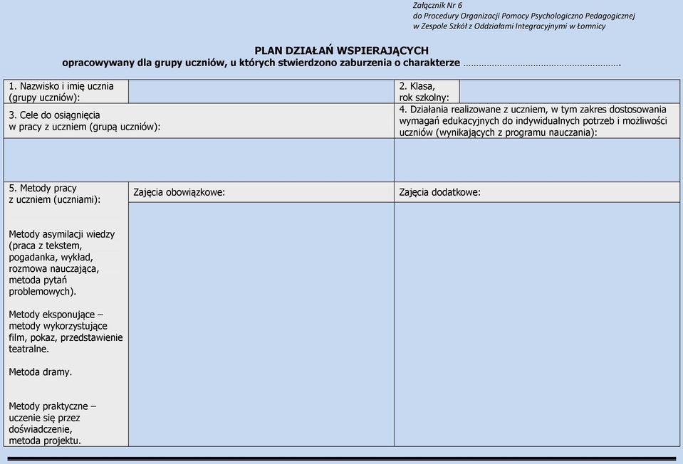 Działania realizowane z uczniem, w tym zakres dostosowania wymagań edukacyjnych do indywidualnych potrzeb i możliwości uczniów (wynikających z programu nauczania): 5.