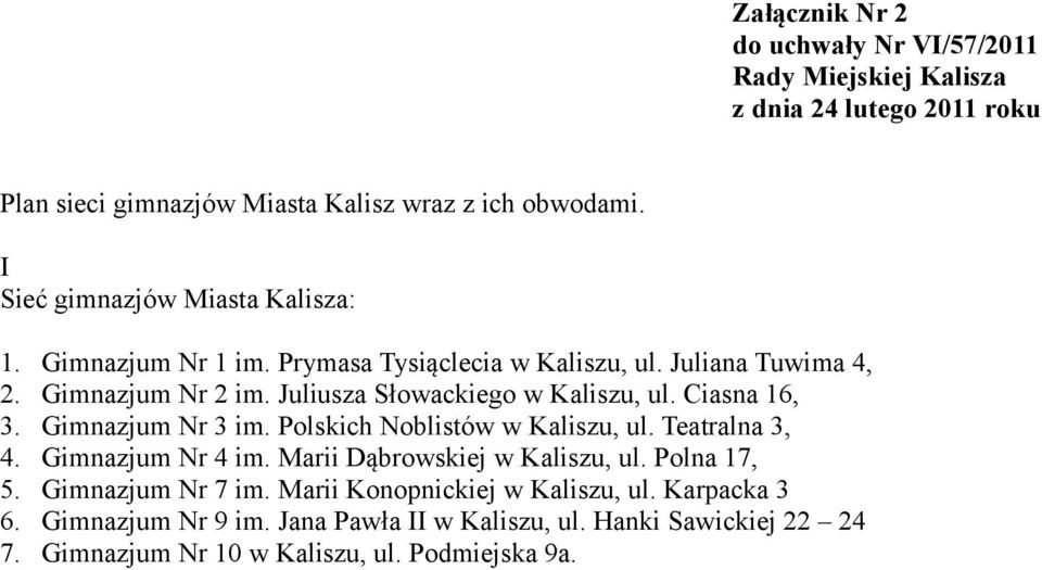 Juliusza Słowackiego w Kaliszu, ul. Ciasna 16, 3. Gimnazjum Nr 3 im. Polskich Noblistów w Kaliszu, ul. Teatralna 3, 4. Gimnazjum Nr 4 im.