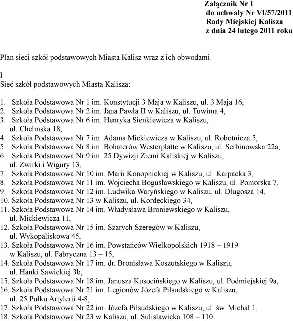 Henryka Sienkiewicza w Kaliszu, ul. Chełmska 18, 4. Szkoła Podstawowa Nr 7 im. Adama Mickiewicza w Kaliszu, ul. Robotnicza 5, 5. Szkoła Podstawowa Nr 8 im. Bohaterów Westerplatte w Kaliszu, ul.