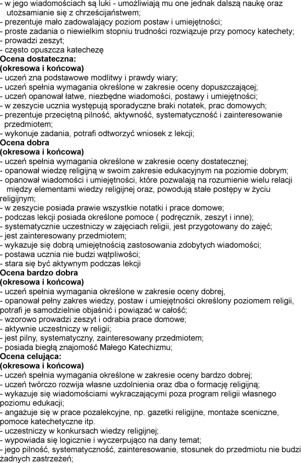 wymagania określone w zakresie oceny dopuszczającej; - uczeń opanował łatwe, niezbędne wiadomości, postawy i umiejętności; - w zeszycie ucznia występują sporadyczne braki notatek, prac domowych; -