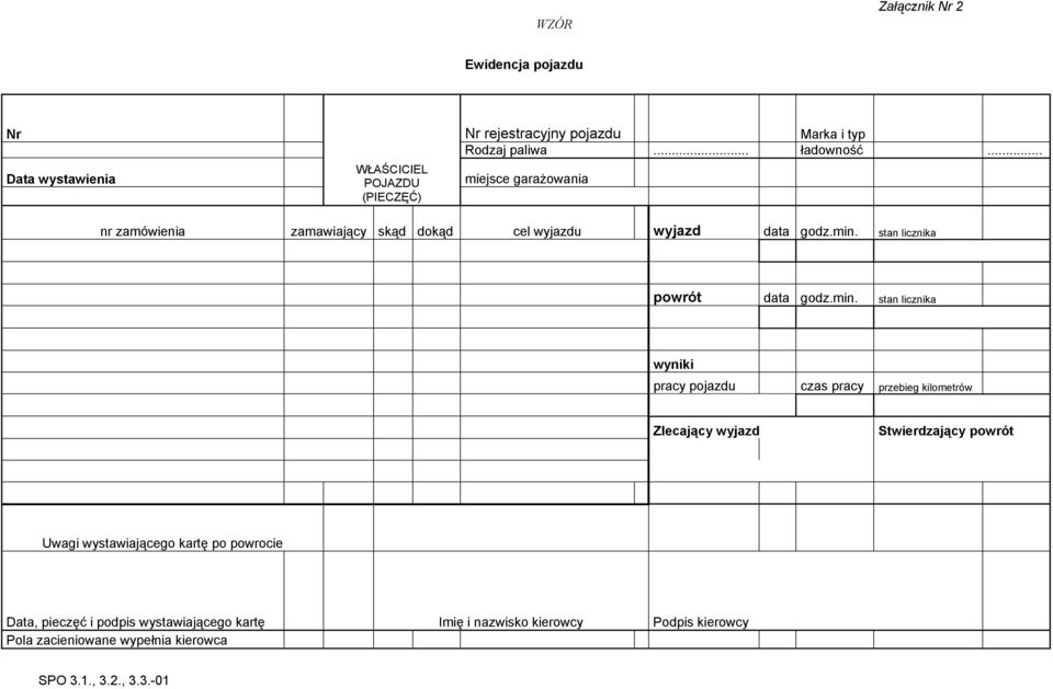 min. stan licznika powrót data godz.min. stan licznika wyniki pracy pojazdu czas pracy przebieg kilometrów Zlecający wyjazd