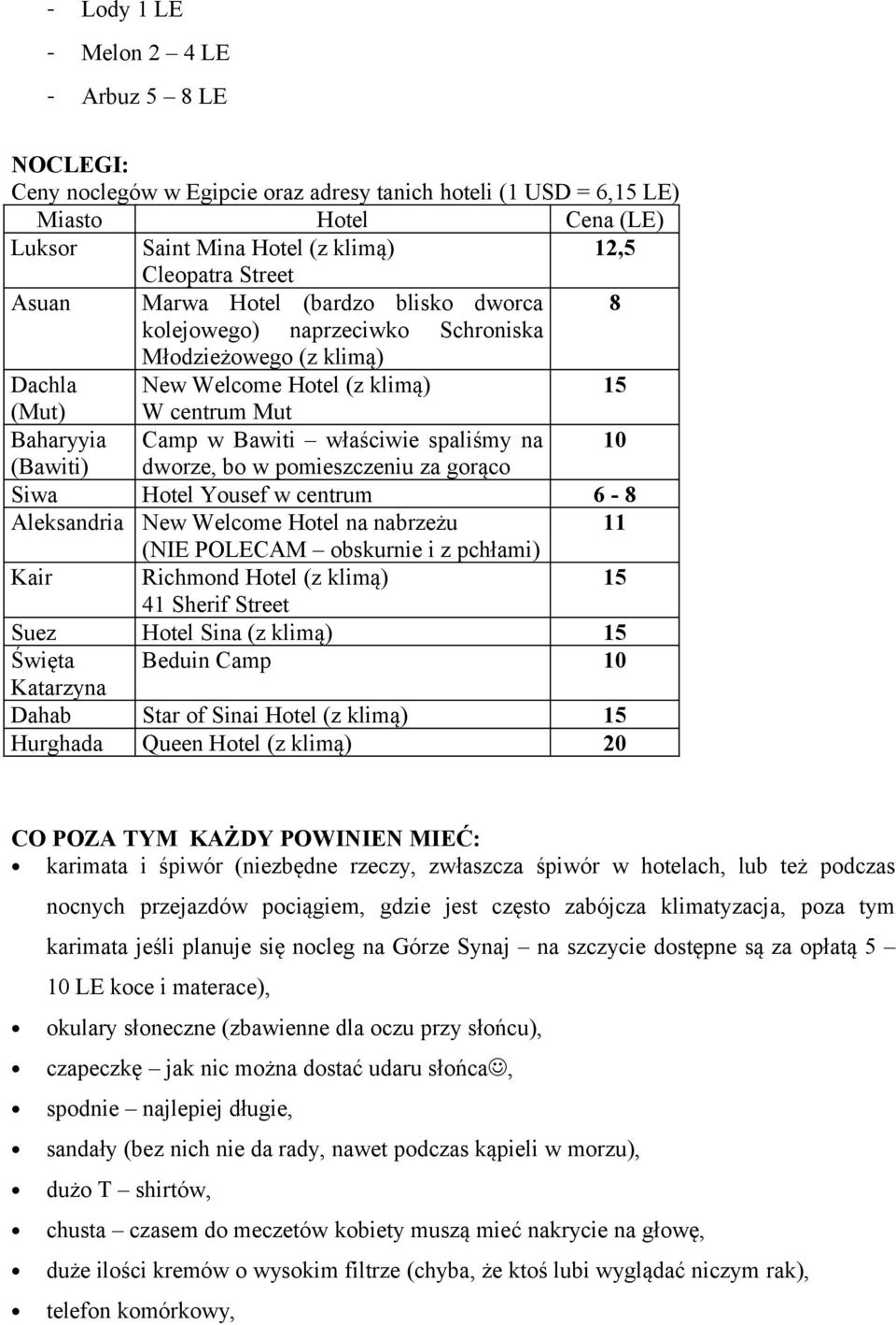 spaliśmy na (Bawiti) dworze, bo w pomieszczeniu za gorąco Siwa Hotel Yousef w centrum 6-8 Aleksandria New Welcome Hotel na nabrzeżu 11 (NIE POLECAM obskurnie i z pchłami) Kair Richmond Hotel (z