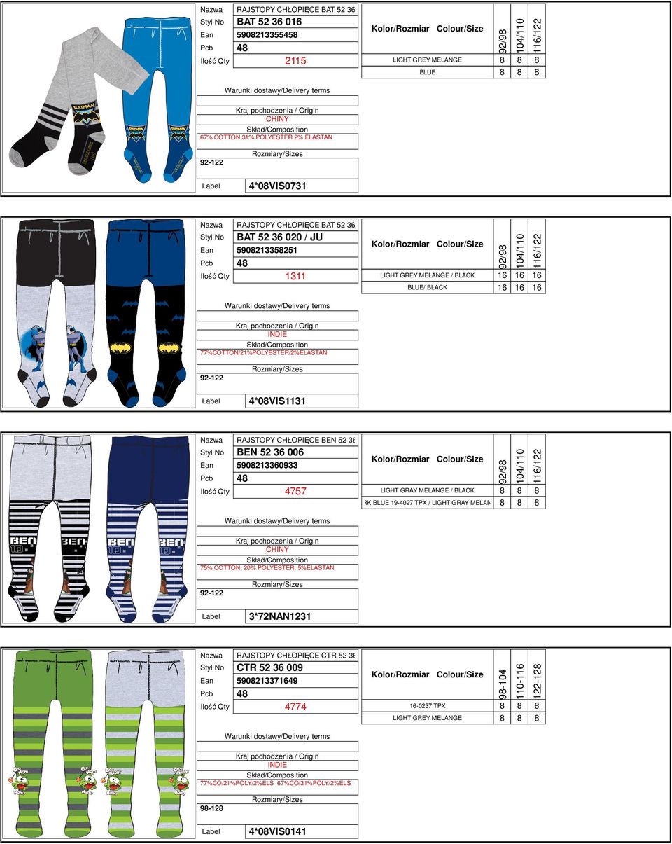 Styl No BEN 52 36 006 Ean 5908213360933 Ilość Qty 4757 LIGHT GRAY MELANGE / BLACK DARK 19-4027 TPX / LIGHT GRAY MELANGE 75% COTTON, 20% POLYESTER, 5%ELASTAN 3*72NAN1231