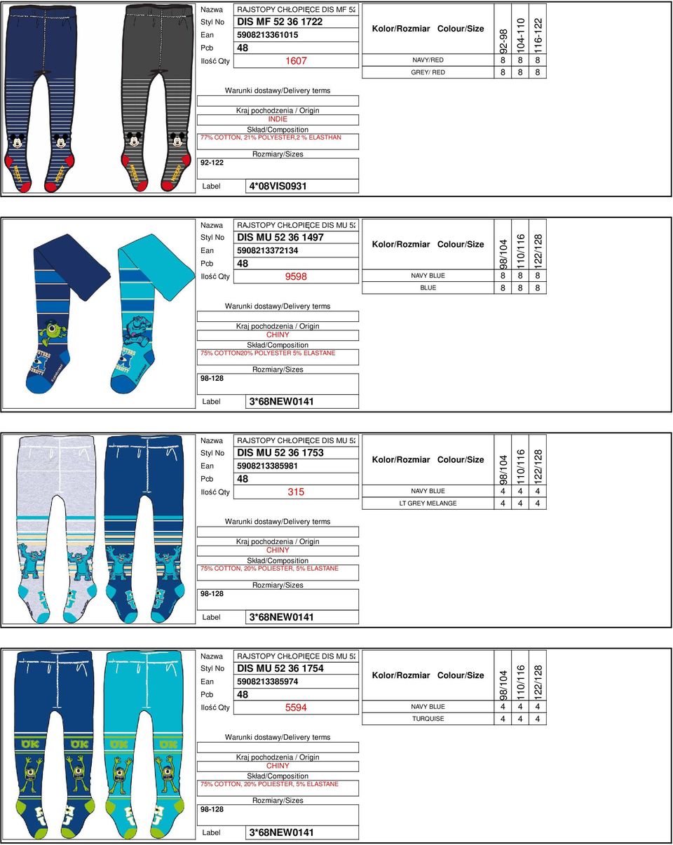 ELASTANE Nazwa RAJSTOPY CHŁOPIĘCE DIS MU 52 36 1753 Styl No DIS MU 52 36 1753 Ean 5908213385981 Ilość Qty 315 NAVY LT GREY MELANGE 75% COTTON, 20% POLIESTER,