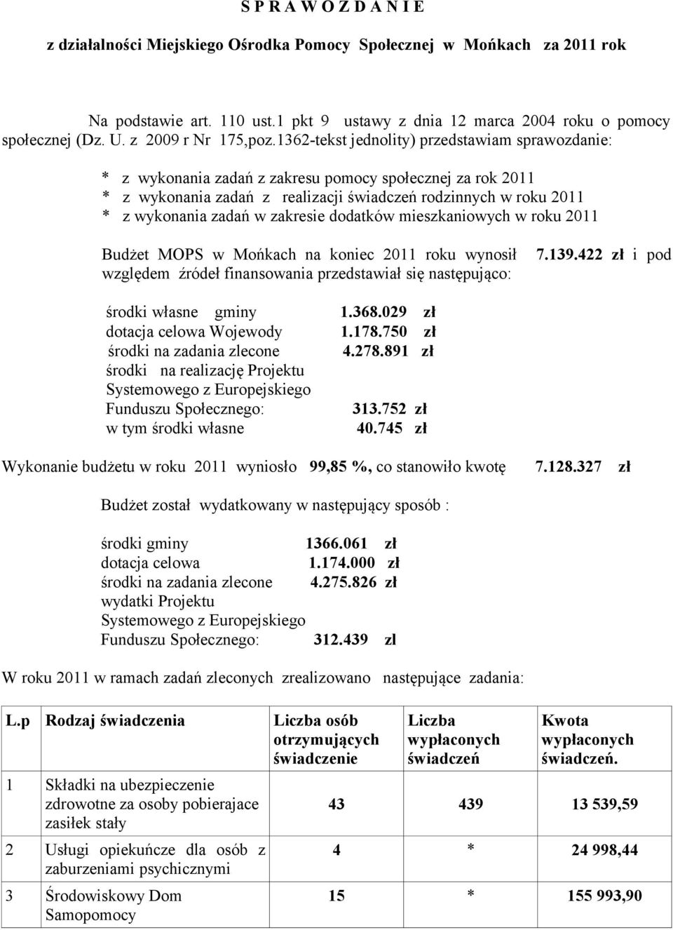 1362-tekst jednolity) przedstawiam sprawozdanie: * z wykonania zadań z zakresu pomocy społecznej za rok 2011 * z wykonania zadań z realizacji świadczeń rodzinnych w roku 2011 * z wykonania zadań w