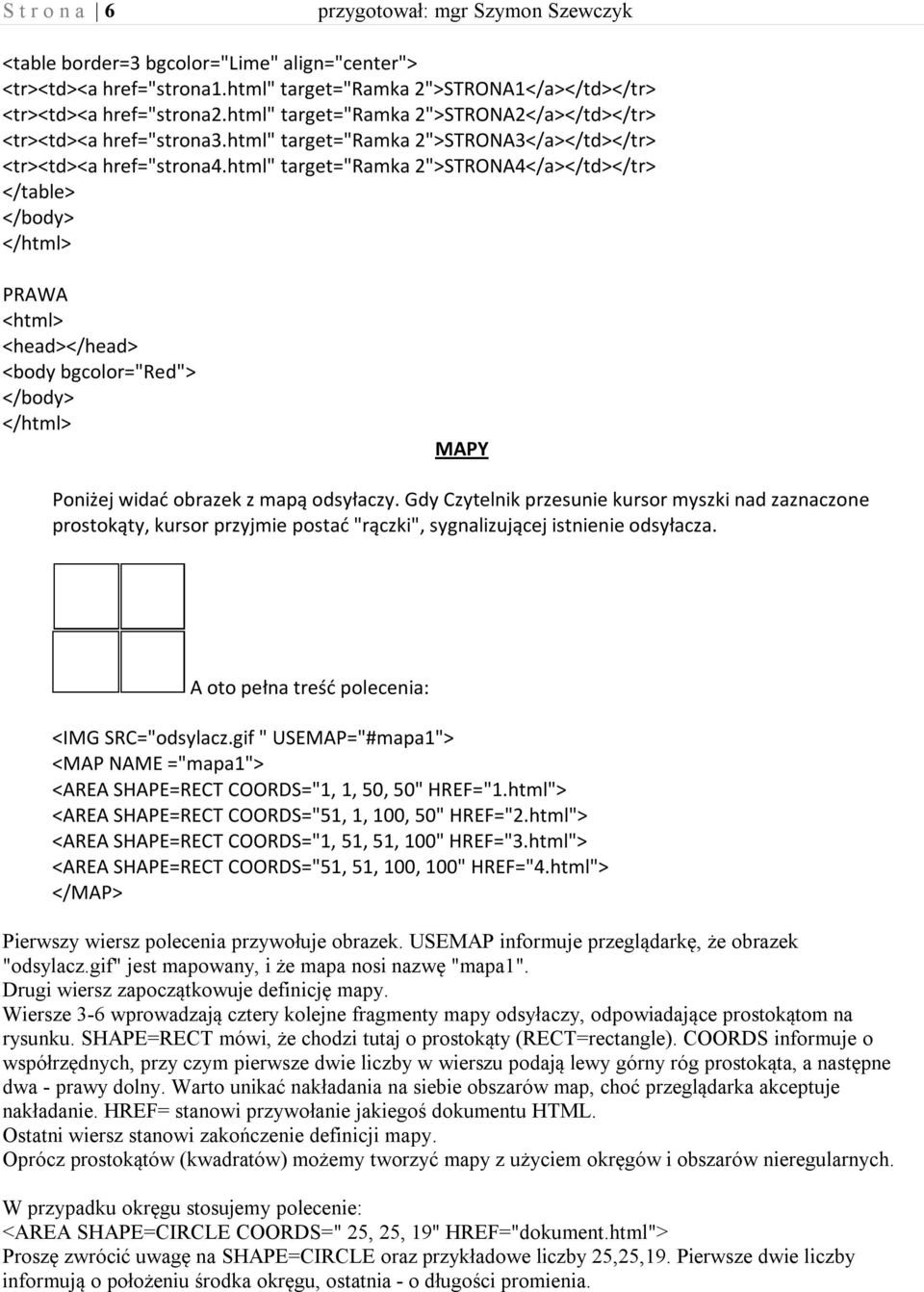 html" target="ramka 2">STRONA4</a></td></tr> </table> PRAWA <head></head> <body bgcolor="red"> MAPY Poniżej widać obrazek z mapą odsyłaczy.
