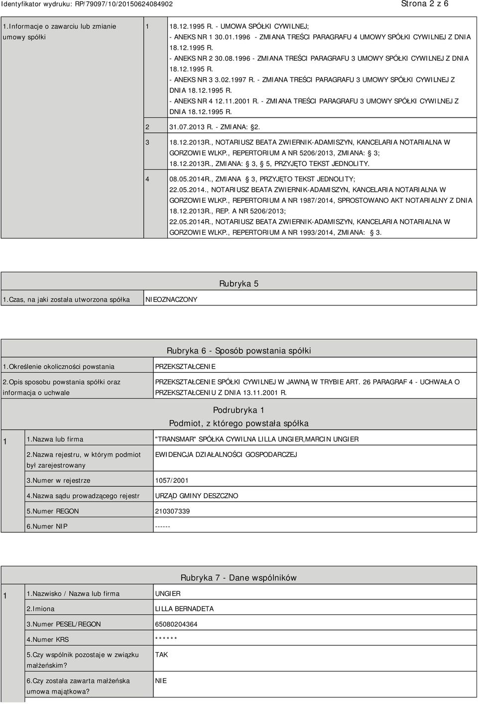 2001 R. - ZMIANA TREŚCI PARAGRAFU 3 UMOWY SPÓŁKI CYWILNEJ Z DNIA 18.12.1995 R. 2 31.07.2013 R. - ZMIANA: 2. 3 18.12.2013R., NOTARIUSZ BEATA ZWIERNIK-ADAMISZYN, KANCELARIA NOTARIALNA W GORZOWIE WLKP.