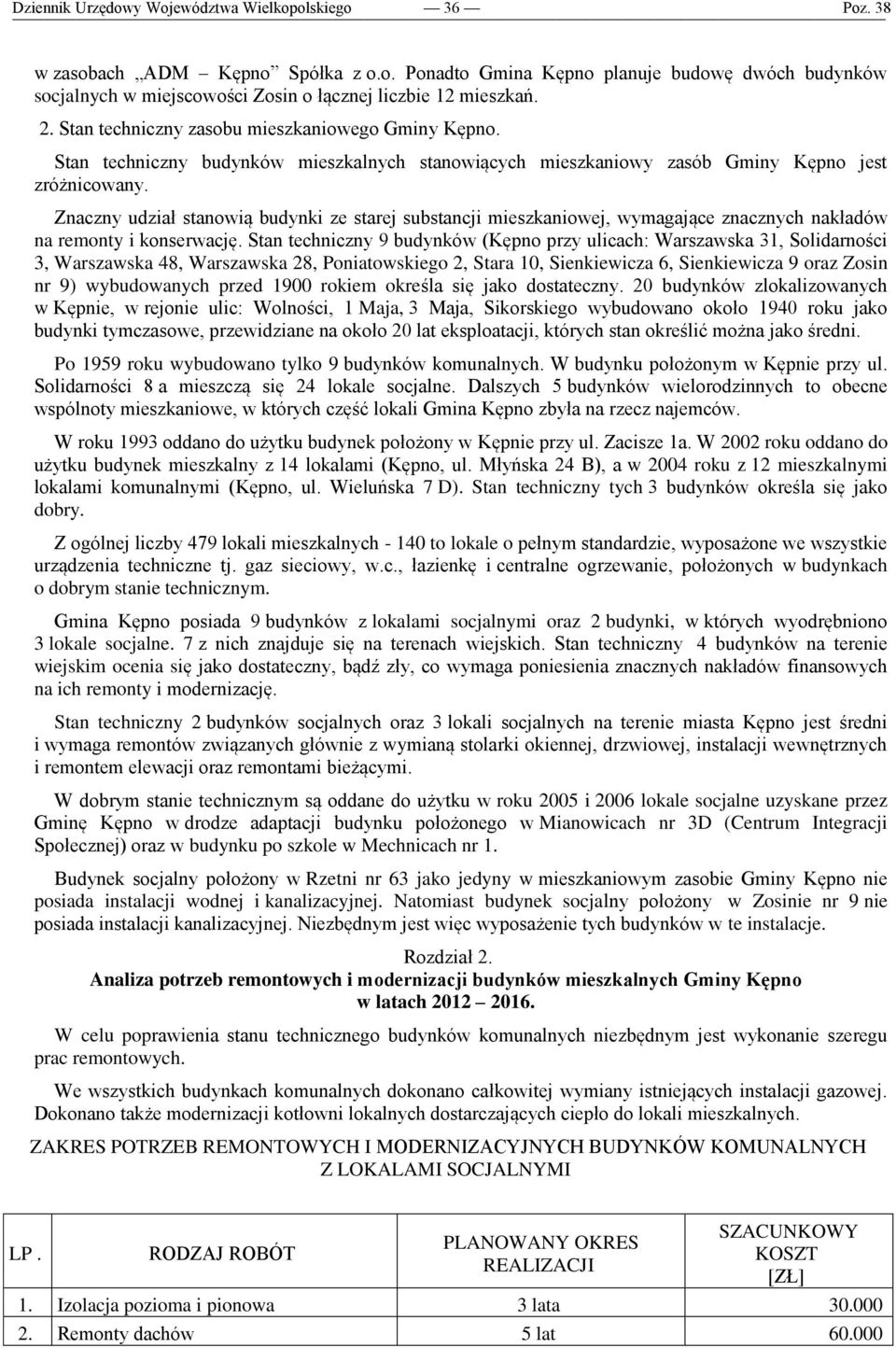 Znaczny udział stanowią budynki ze starej substancji mieszkaniowej, wymagające znacznych nakładów na remonty i konserwację.