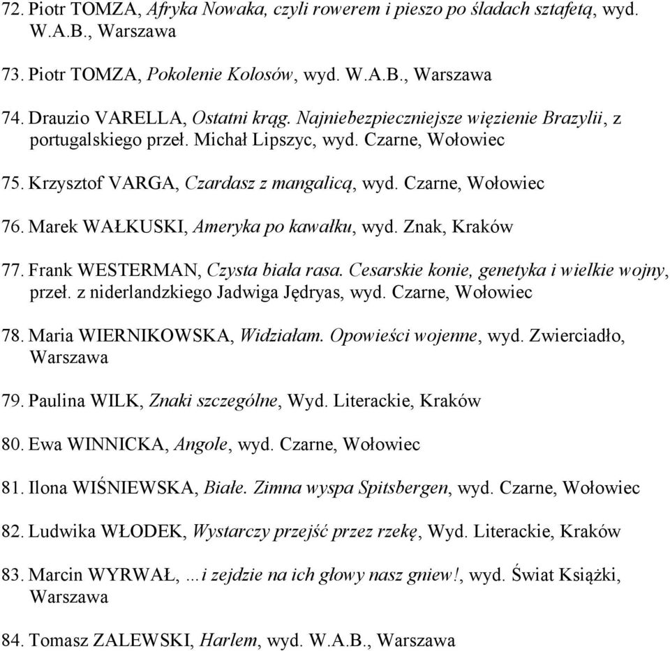 Znak, 77. Frank WESTERMAN, Czysta biała rasa. Cesarskie konie, genetyka i wielkie wojny, przeł. z niderlandzkiego Jadwiga Jędryas, wyd. Czarne, 78. Maria WIERNIKOWSKA, Widziałam.
