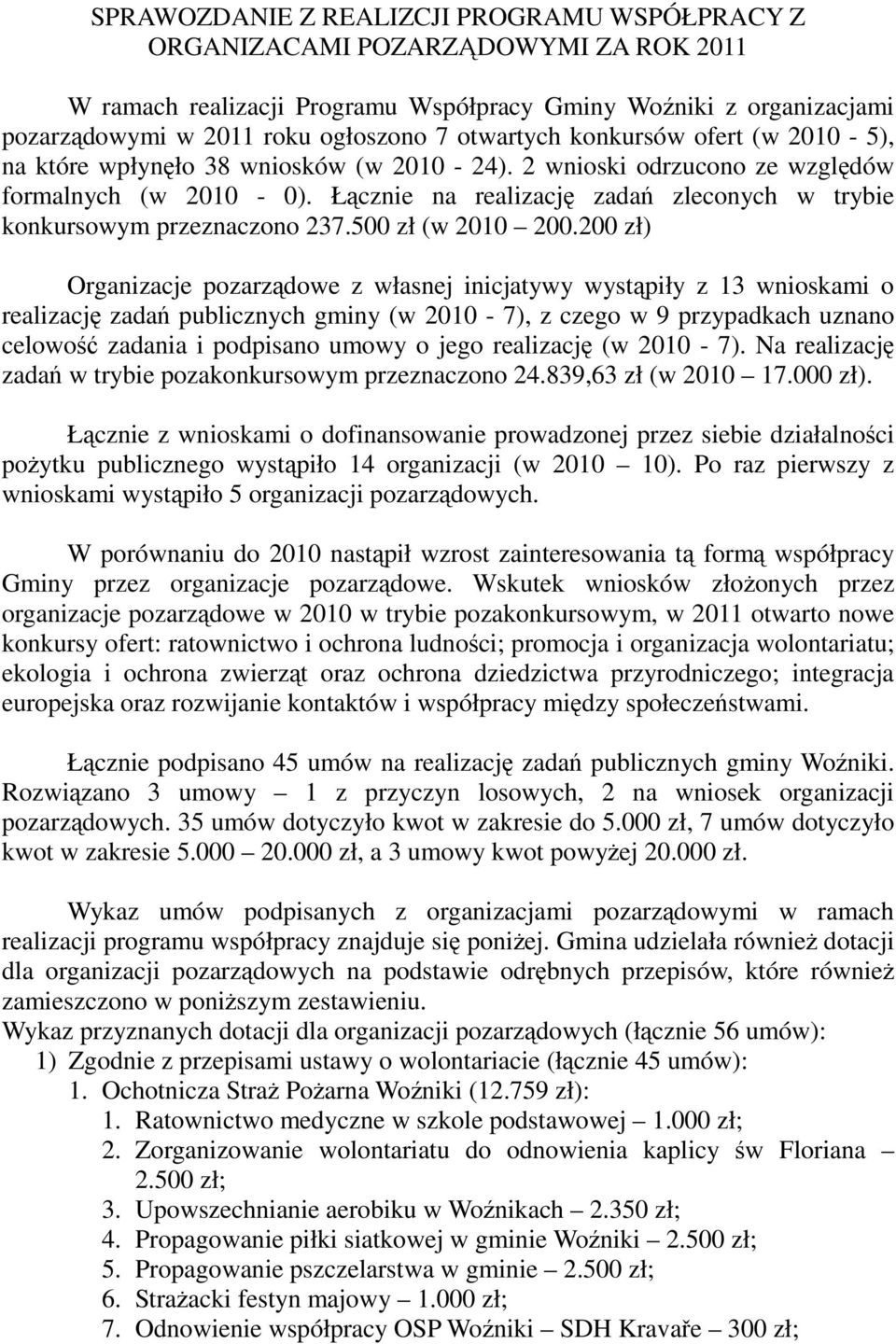 Łącznie na realizację zadań zleconych w trybie konkursowym przeznaczono 237.500 zł (w 2010 200.