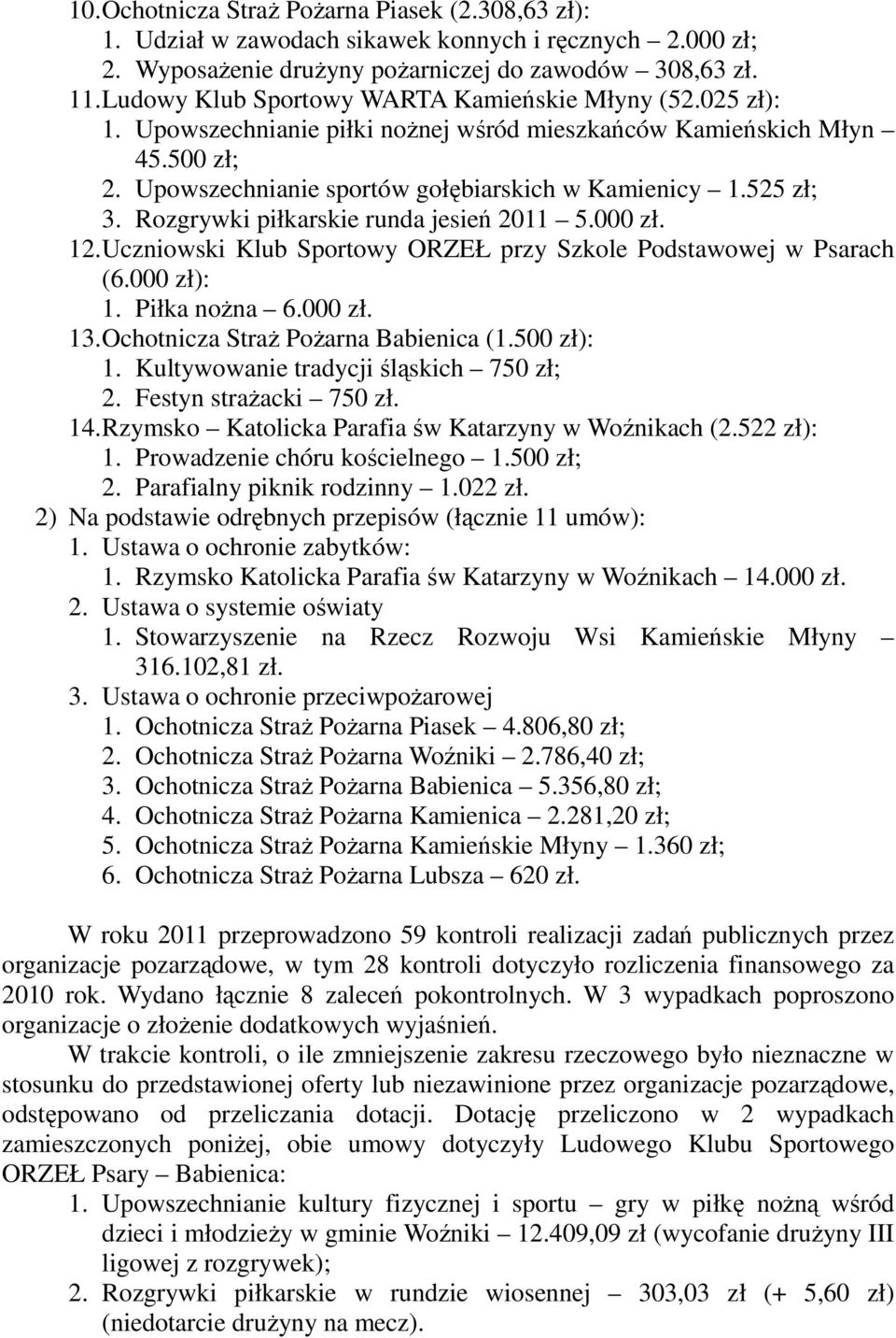 Rozgrywki piłkarskie runda jesień 2011 5.000 zł. 12. Uczniowski Klub Sportowy ORZEŁ przy Szkole Podstawowej w Psarach (6.000 zł): 1. Piłka noŝna 6.000 zł. 13. Ochotnicza StraŜ PoŜarna Babienica (1.