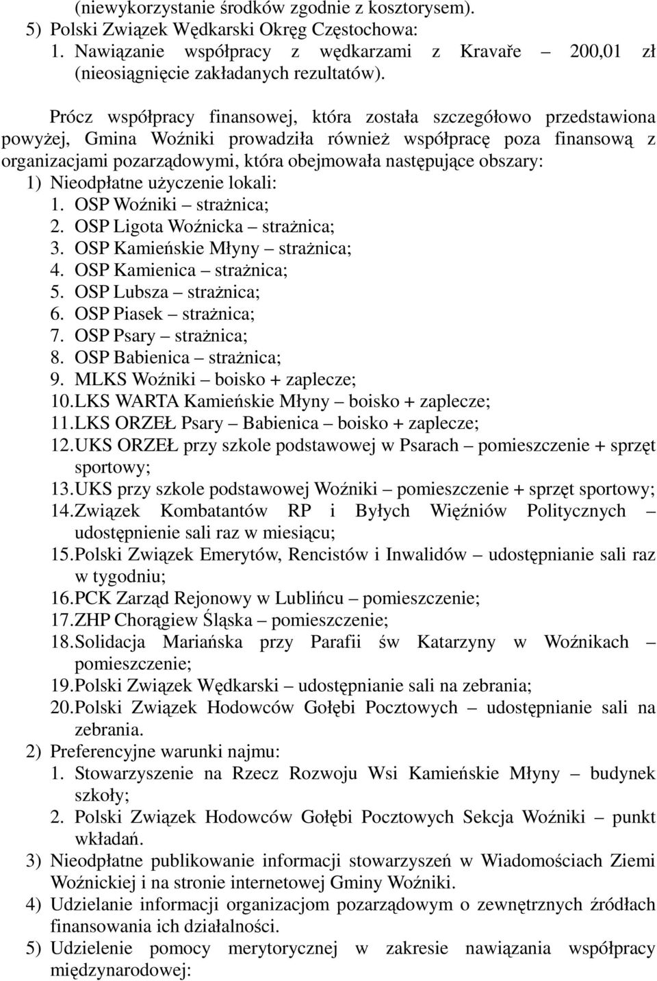 obszary: 1) Nieodpłatne uŝyczenie lokali: 1. OSP Woźniki straŝnica; 2. OSP Ligota Woźnicka straŝnica; 3. OSP Kamieńskie Młyny straŝnica; 4. OSP Kamienica straŝnica; 5. OSP Lubsza straŝnica; 6.