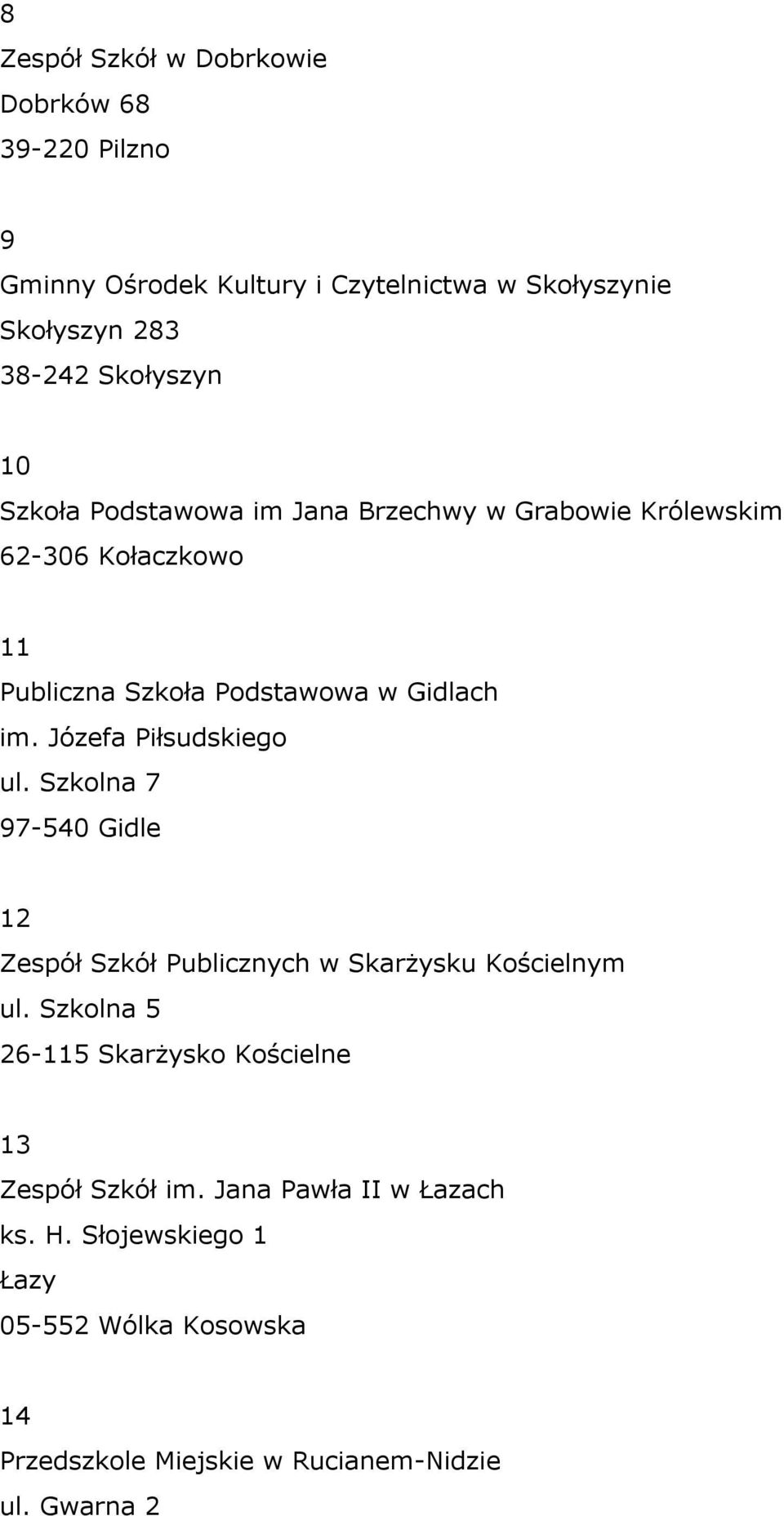 Józefa Piłsudskiego ul. Szkolna 7 97-540 Gidle 12 Zespół Szkół Publicznych w Skarżysku Kościelnym ul.