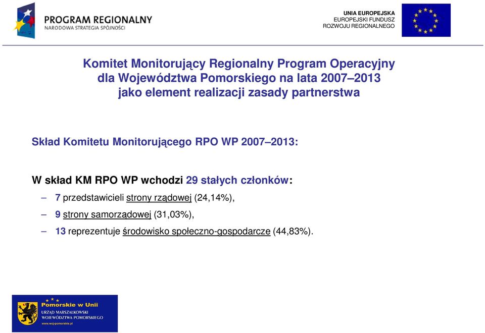 2013: W skład KM RPO WP wchodzi 29 stałych członków: 7 przedstawicieli strony rządowej