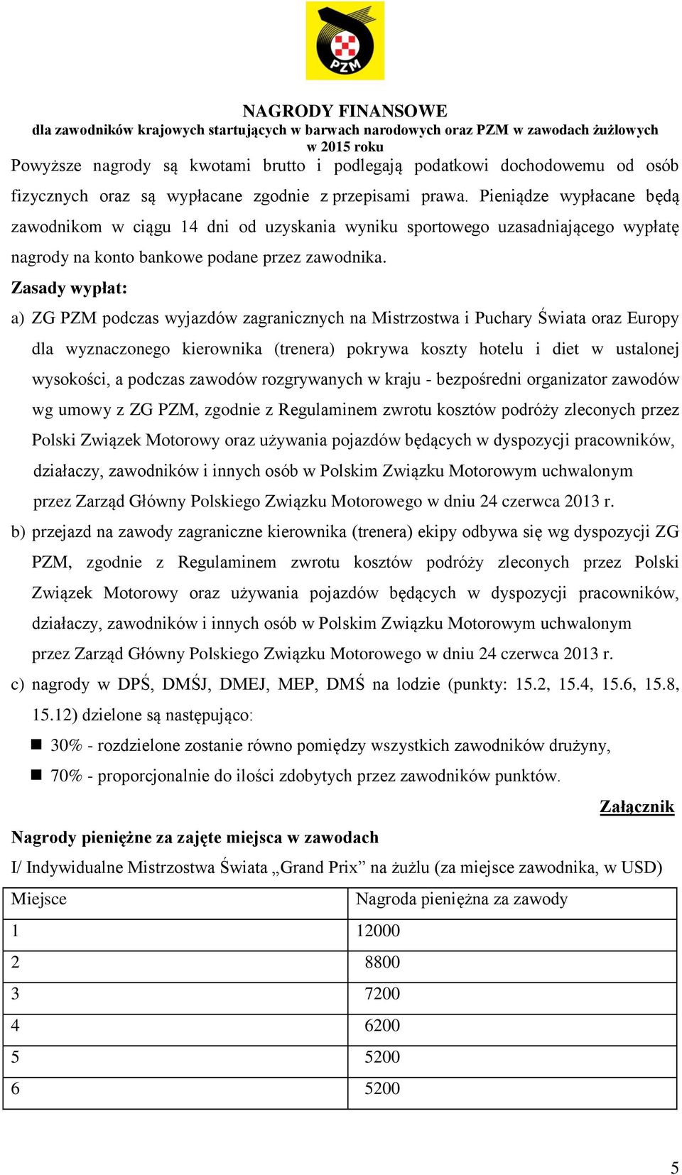 Zasady wypłat: a) ZG PZM podczas wyjazdów zagranicznych na Mistrzostwa i Puchary Świata oraz Europy dla wyznaczonego kierownika (trenera) pokrywa koszty hotelu i diet w ustalonej wysokości, a podczas