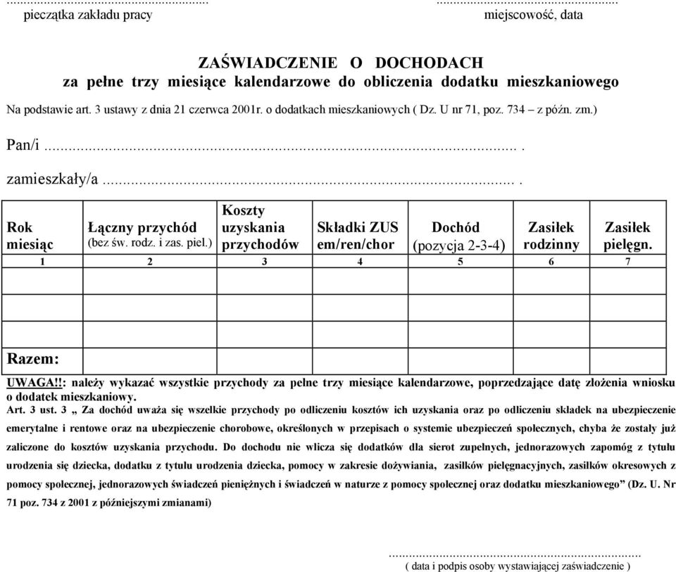 ) Koszty uzyskania przychodów Składki ZUS em/ren/chor Dochód (pozycja 2-3-4) Zasiłek rodzinny Zasiłek pielęgn. 1 2 3 4 5 6 7 Razem: UWAGA!