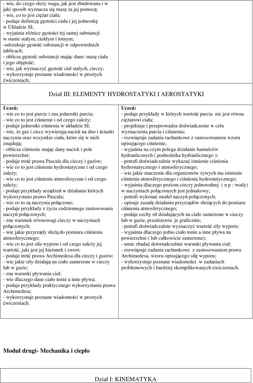 jak yznaczyć gęstość ciał stałych, cieczy; - ykorzystuje poznane iadomości prostych ćiczeniach; Dział III: ELEMENTY HYDROSTATYKI I AEROSTATYKI - ie co to jest parcie i zna jednostki parcia; - ie co