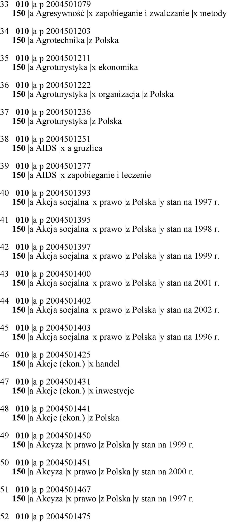 i leczenie 40 010 a p 2004501393 150 a Akcja socjalna x prawo z Polska y stan na 1997 r. 41 010 a p 2004501395 150 a Akcja socjalna x prawo z Polska y stan na 1998 r.