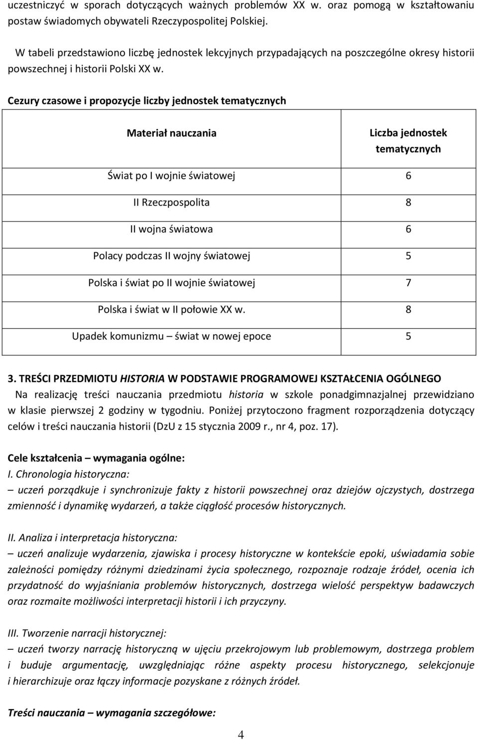 Cezury czasowe i propozycje liczby jednostek tematycznych Materiał nauczania Liczba jednostek tematycznych Świat po I wojnie światowej 6 II Rzeczpospolita 8 II wojna światowa 6 Polacy podczas II