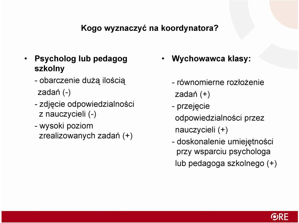 rozłożenie zadań (-) zadań (+) -zdjęcie odpowiedzialności -przejęcie z nauczycieli (-)