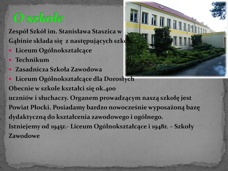 Szkoła Zawodowa Liceum Ogólnokształcące dla Dorosłych Obecnie w szkole kształci się ok.400 uczniów i słuchaczy.