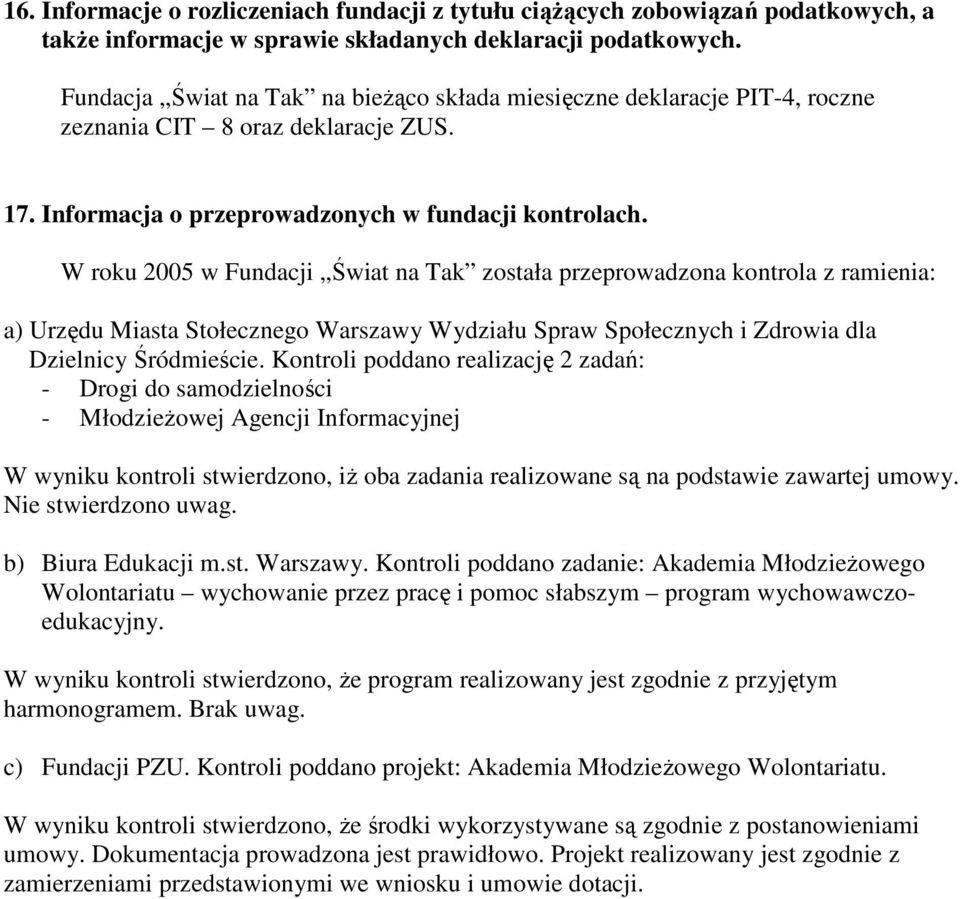 W roku 2005 w Fundacji Świat na Tak została przeprowadzona kontrola z ramienia: a) Urzędu Miasta Stołecznego Warszawy Wydziału Spraw Społecznych i Zdrowia dla Dzielnicy Śródmieście.