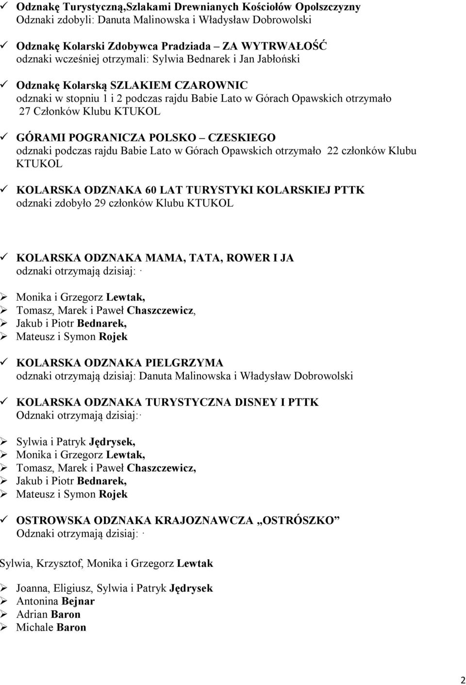 POLSKO CZESKIEGO odznaki podczas rajdu Babie Lato w Górach Opawskich otrzymało 22 członków Klubu KTUKOL KOLARSKA ODZNAKA 60 LAT TURYSTYKI KOLARSKIEJ PTTK odznaki zdobyło 29 członków Klubu KTUKOL