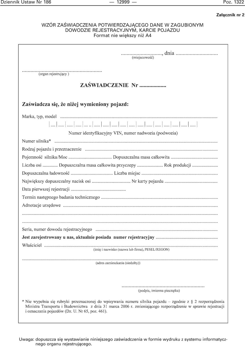 REJESTRACYJNYM, KARCIE POJAZDU Format nie wi kszy ni A4 Za àcznik nr 2