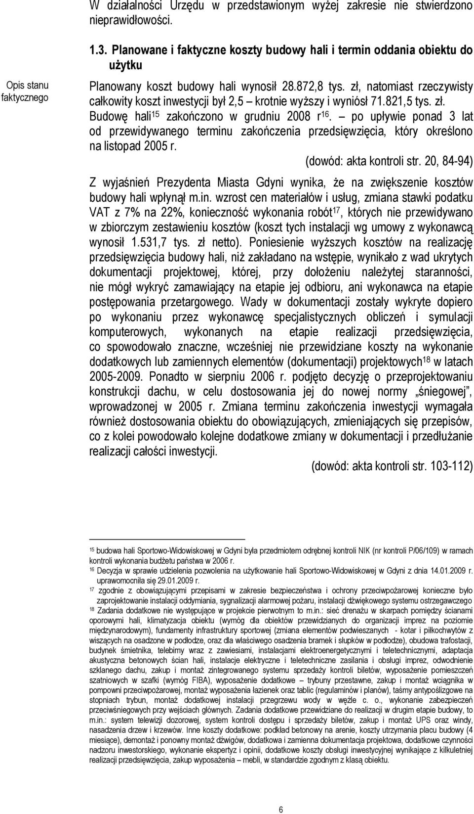zł, natomiast rzeczywisty całkowity koszt inwestycji był 2,5 krotnie wyższy i wyniósł 71.821,5 tys. zł. Budowę hali 15 zakończono w grudniu 2008 r 16.