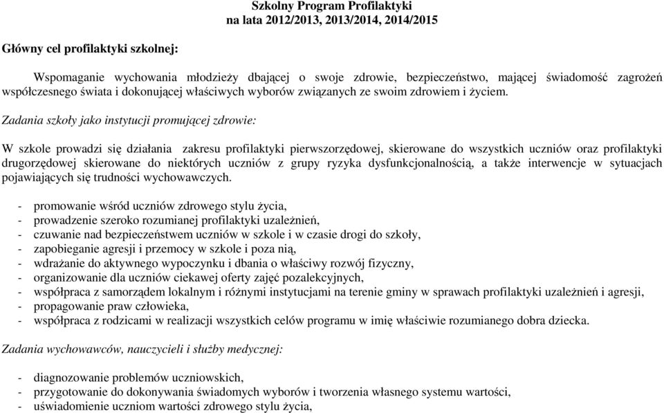 Zadania szkoły jako instytucji promującej zdrowie: W szkole prowadzi się działania zakresu profilaktyki pierwszorzędowej, skierowane do wszystkich uczniów oraz profilaktyki drugorzędowej skierowane