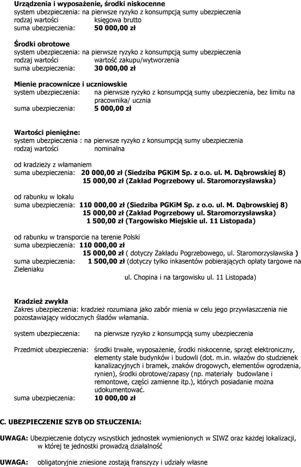ubezpieczenia: na pierwsze ryzyko z konsumpcją sumy ubezpieczenia, bez limitu na pracownika/ ucznia suma ubezpieczenia: 5 000,00 zł Wartości pienięŝne: system ubezpieczenia : na pierwsze ryzyko z