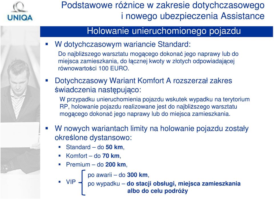 Dotychczasowy Wariant Komfort A rozszerzał zakres świadczenia następująco: W przypadku unieruchomienia pojazdu wskutek wypadku na terytorium RP, holowanie pojazdu realizowane jest do najbliŝszego