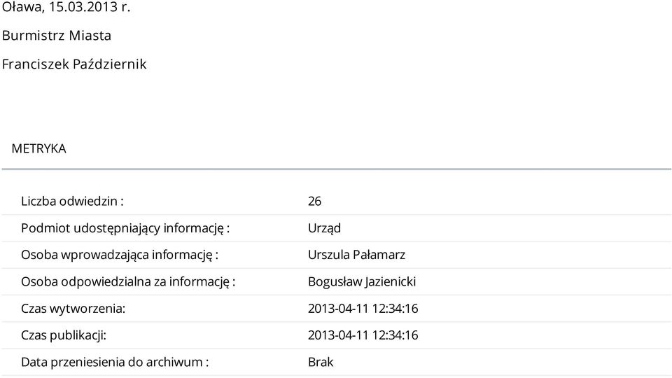 udostępniający informację : Osoba wprowadzająca informację : Osoba odpowiedzialna za