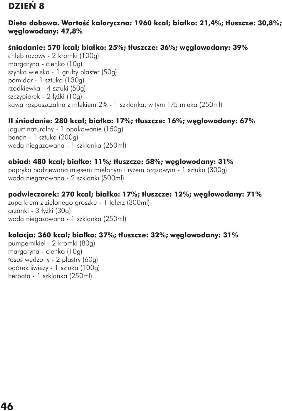 gruby plaster (50g) rzodkiewka - 4 sztuki (50g) szczypiorek - 2 łyżki (10g) kawa rozpuszczalna z mlekiem 2% - 1 szklanka, w tym 1/5 mleka (250ml) II śniadanie: 280 kcal; białko: 17%; tłuszcze: 16%;